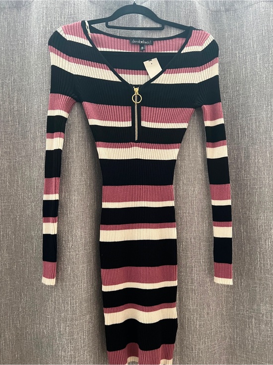 Derek Rose Dresses & Skirts - Derek Rose Ribbed Stripe Zip-Up Dress - Black, Rose & Cream